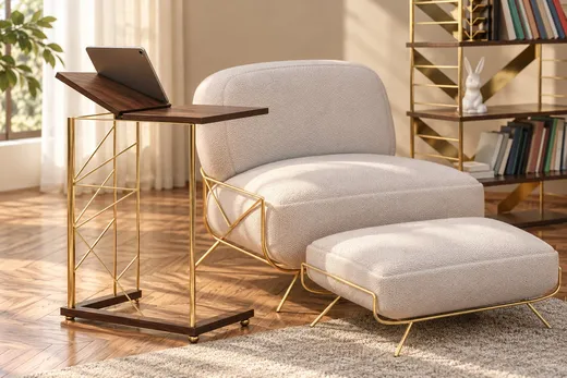 Foldable side table with the top half open, holding a tablet