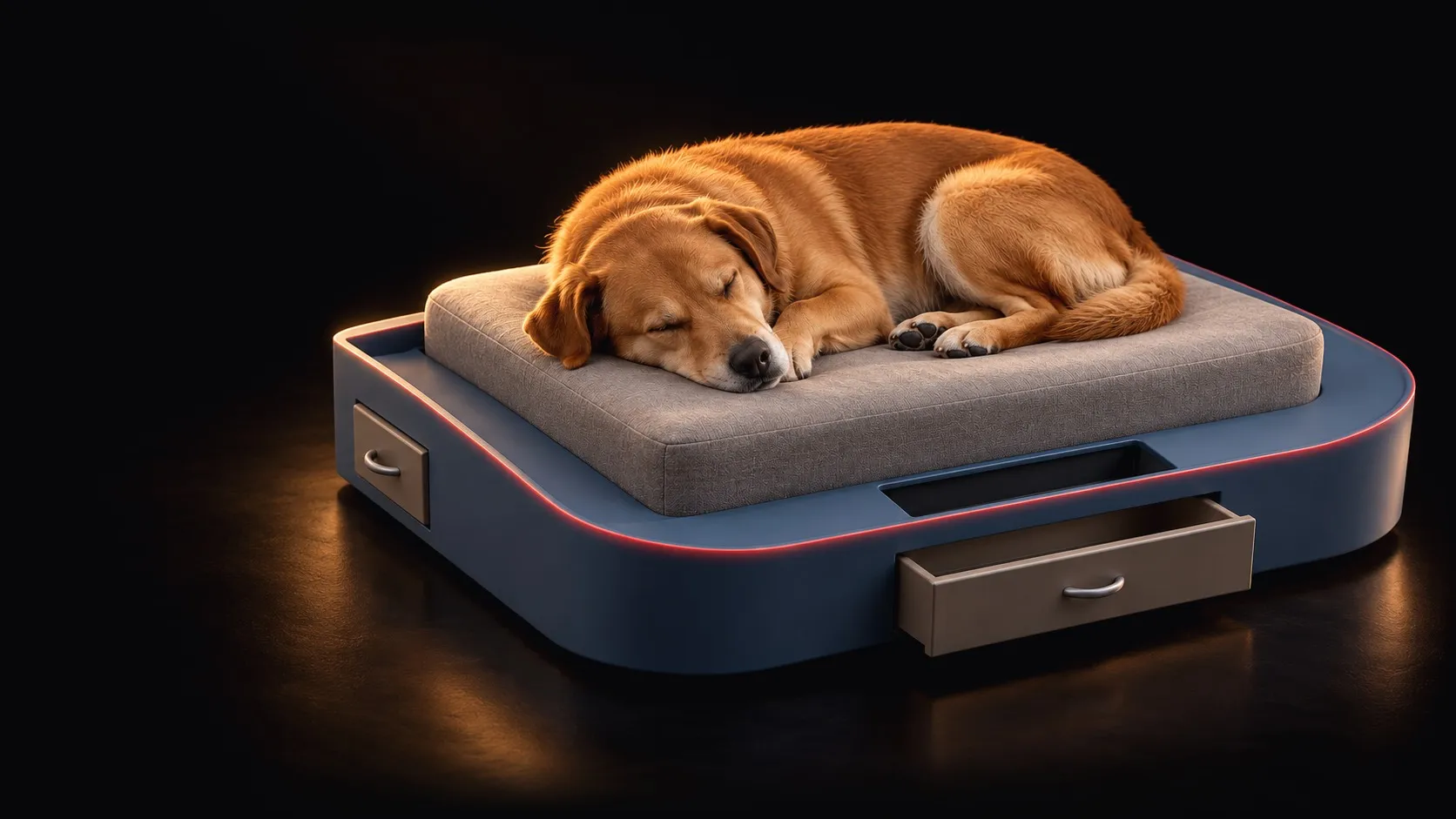 A golden dog sleeping on the Pressure Relief Bed, a low blue grey bed with a grey cushion and drawers, lit with warm gold light on a black background