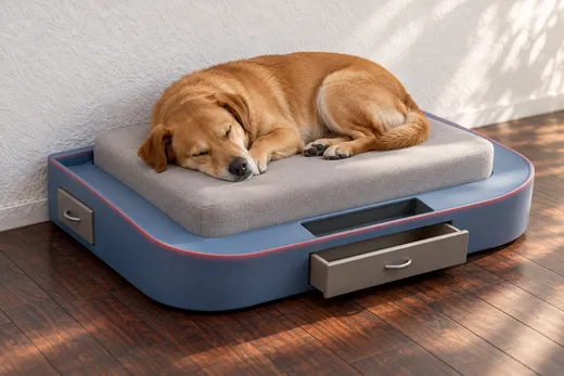 A dog sleeping on the bed, with the front urine collection drawer pulled out