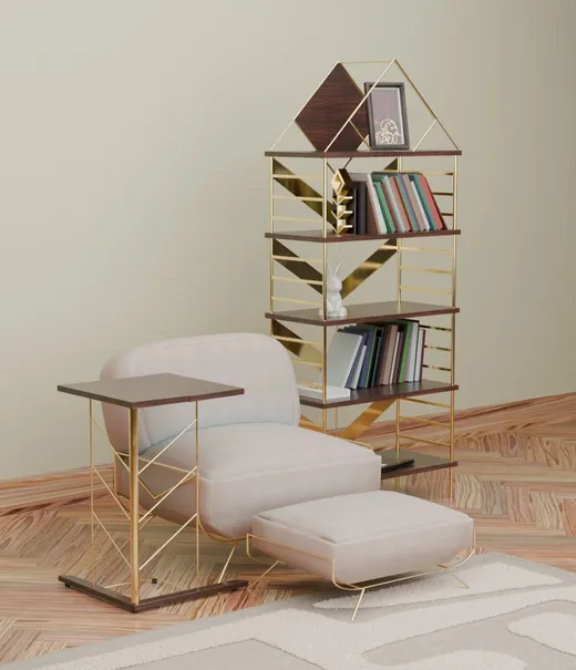 Brass and walnut bookcase, lounge chair with ottoman and foldable side table in a living room render